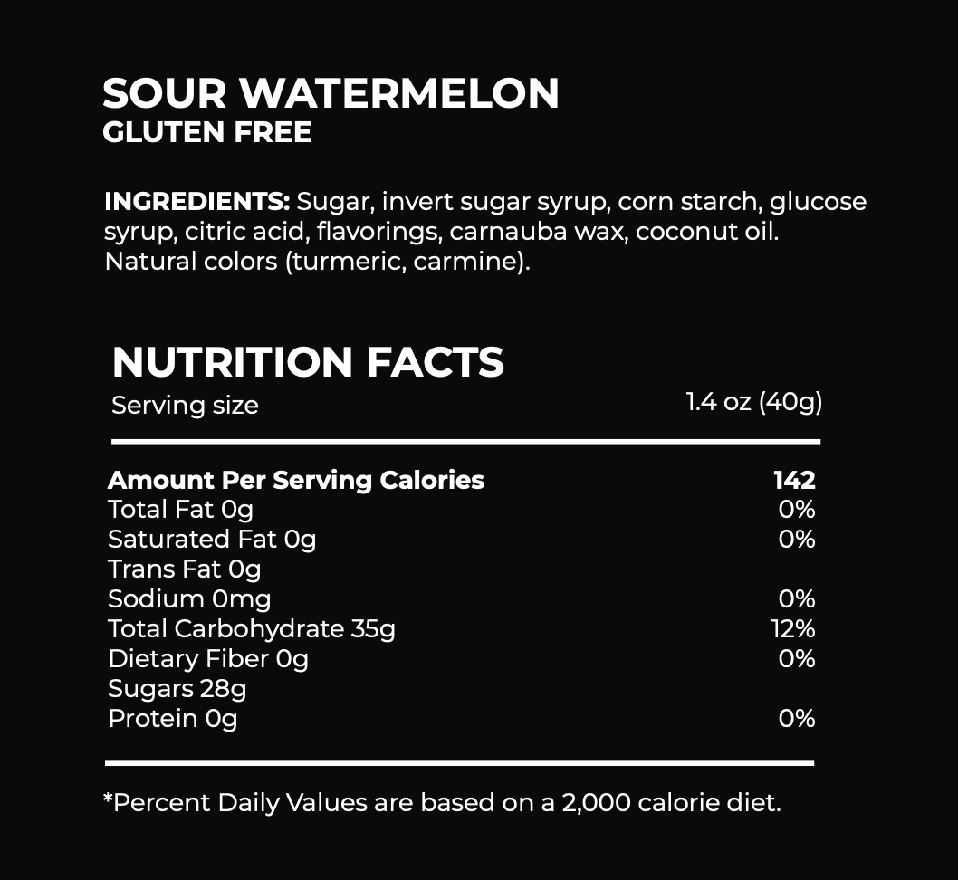 Nutrition facts label for sour watermelon candy on a black background