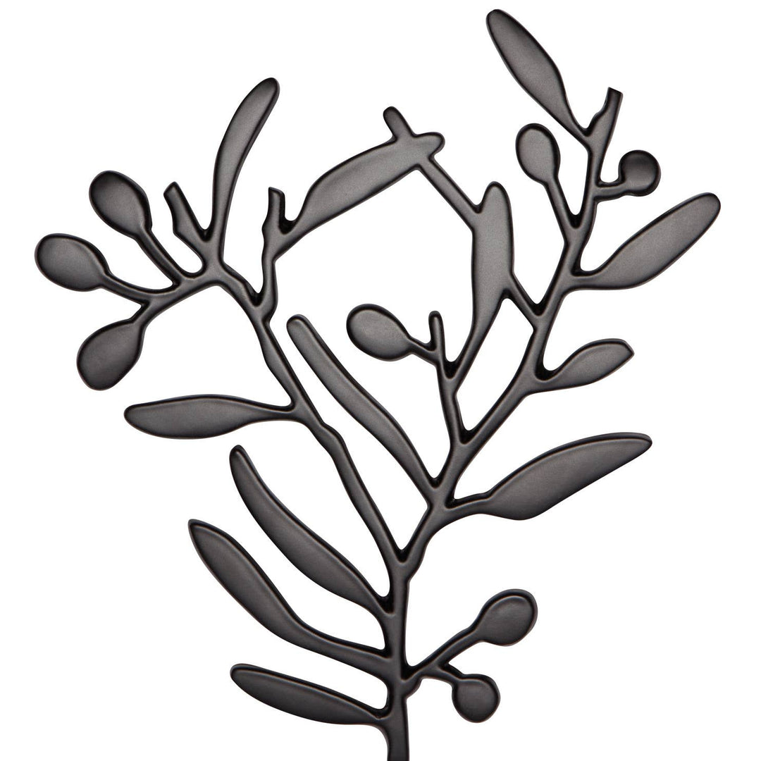 Black seaweed-like design on a white background