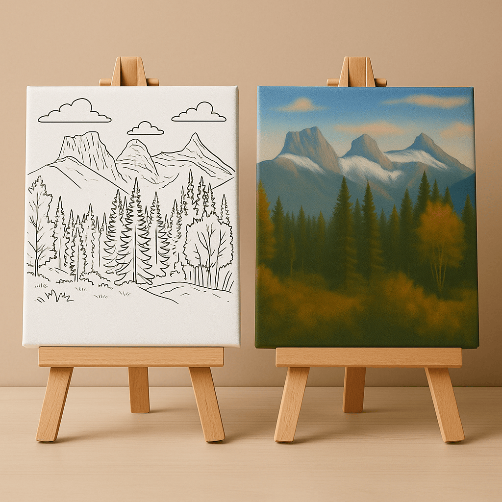 Two easels with mountain landscapes, one black and white drawing and one colorful painting, on a beige background.
