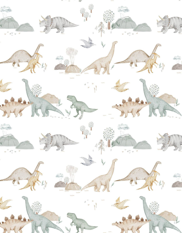 Pattern of various dinosaurs and prehistoric elements on a light background
