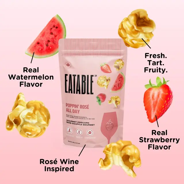 Eatable product packaging with watermelon, strawberry, and rose wine elements on a pink background