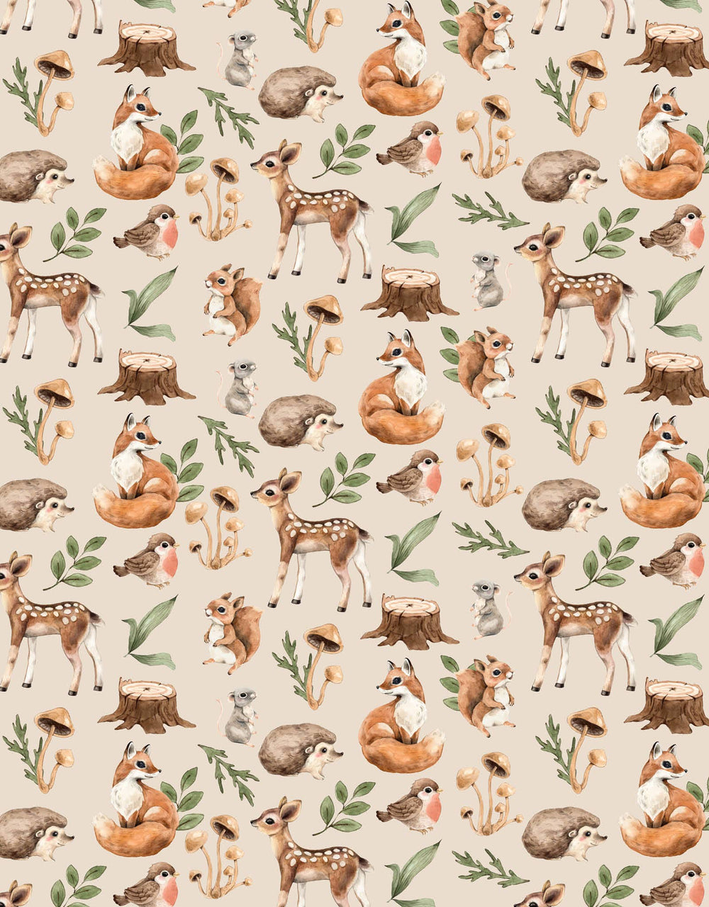Pattern of forest animals including deer, foxes, and birds on a beige background.
