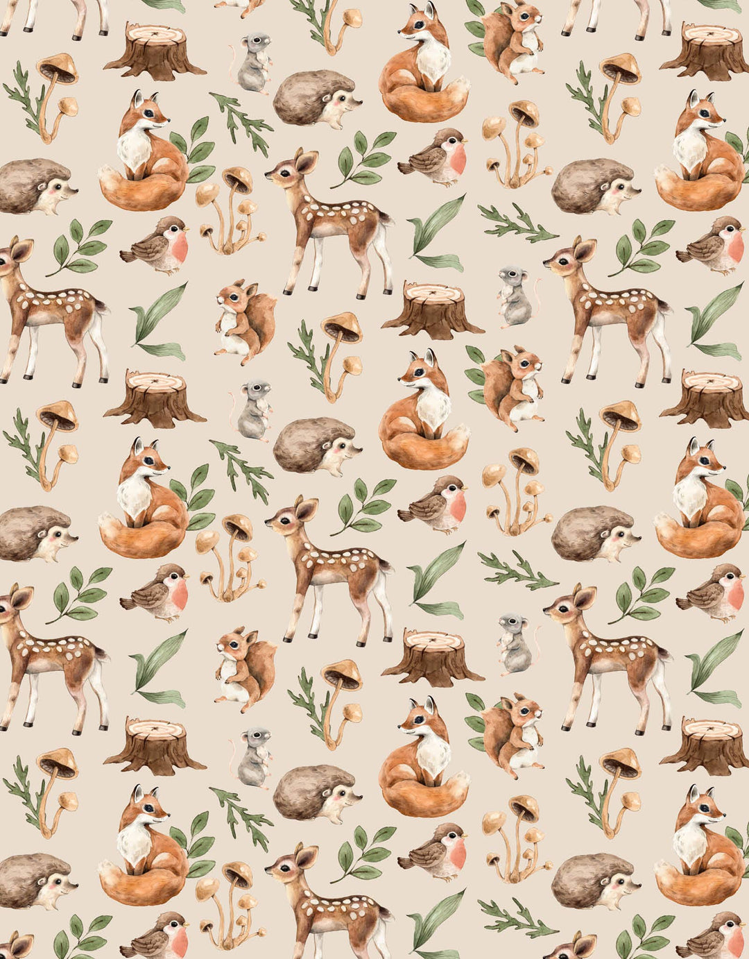 Pattern of forest animals including deer, foxes, and birds on a beige background.