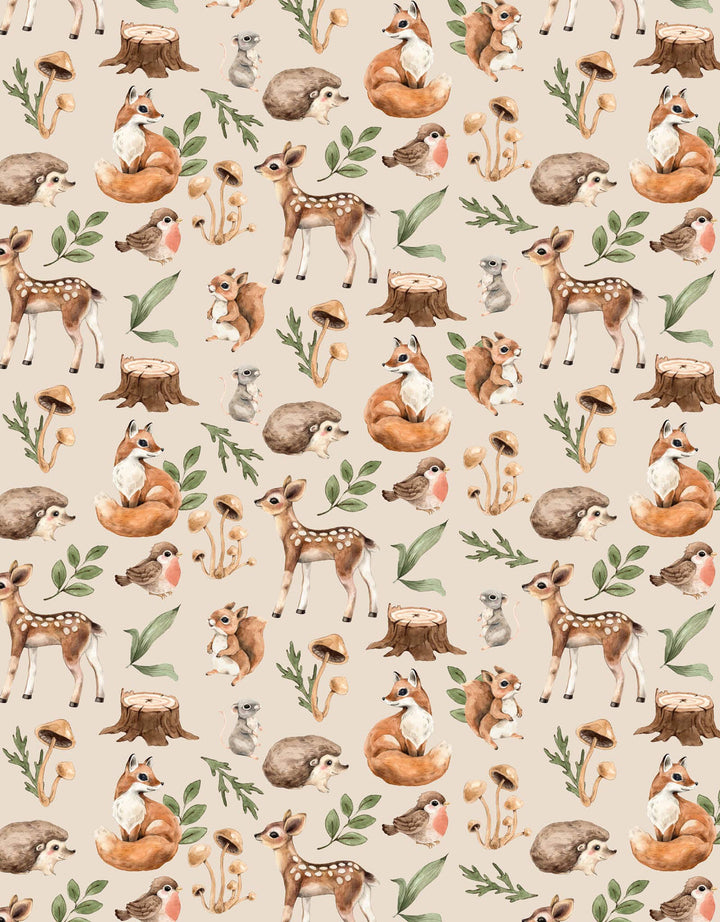 Pattern of forest animals including deer, foxes, and birds on a beige background.