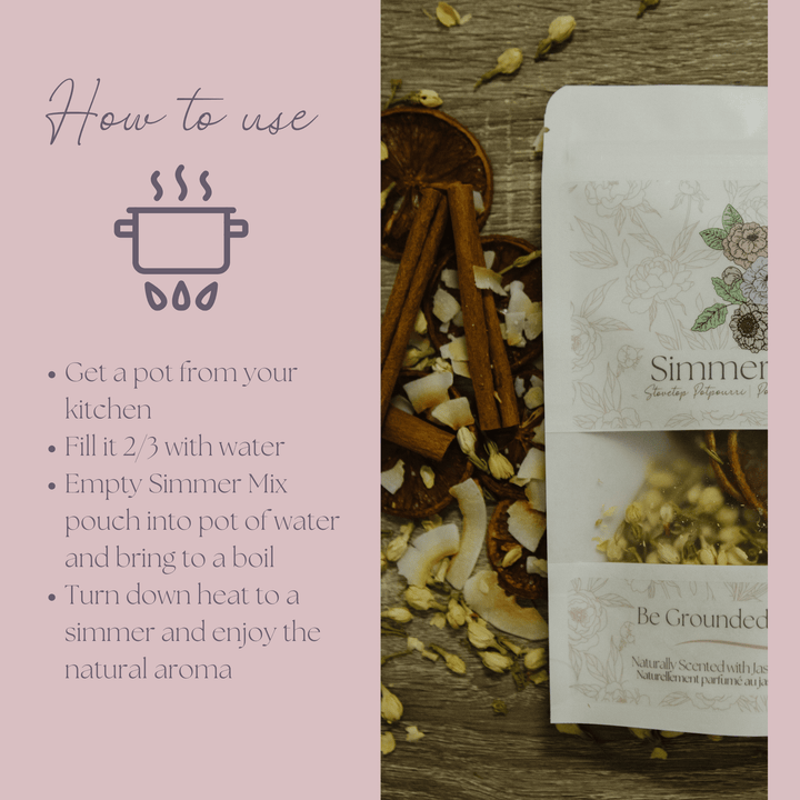Simmer &amp; Co Be Grounded Simmer Pot Mix in a jar with herbs and spices, ready for home aromatherapy and cozy ambiance.