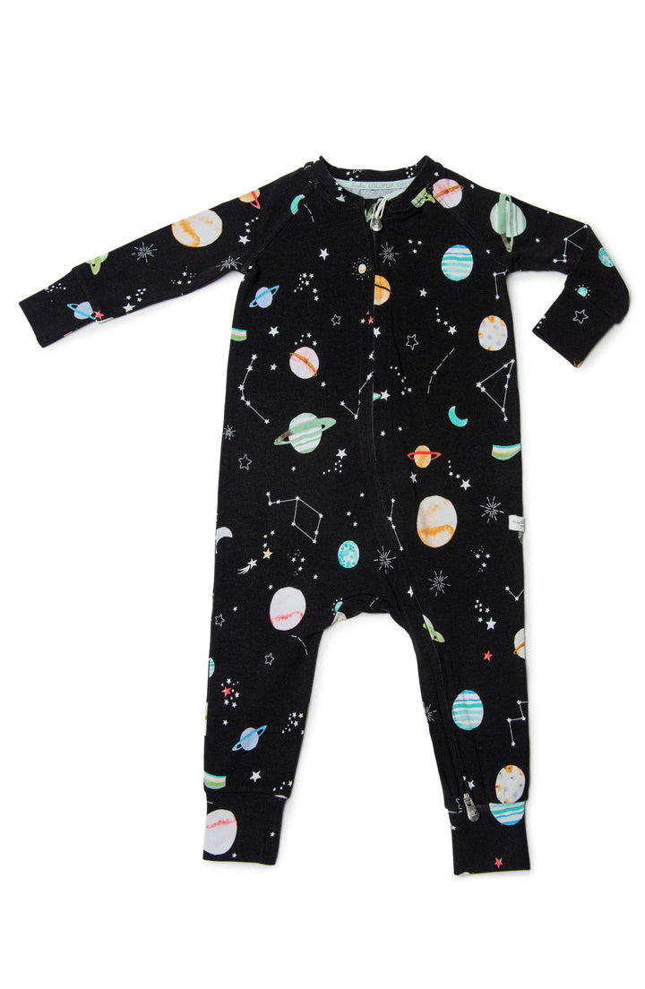 Black baby onesie with space-themed print on a white background