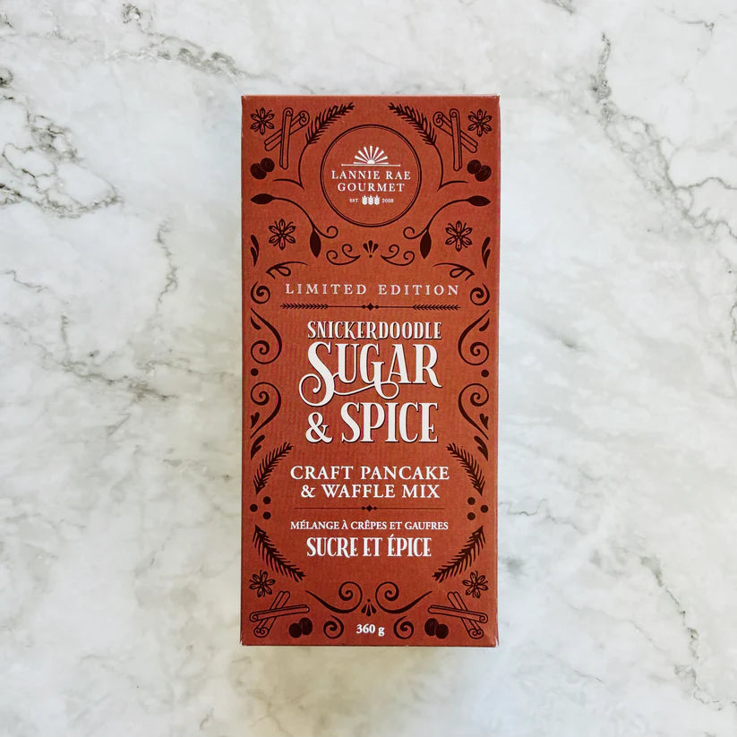 Box of Lannie Rae Gourmet Suckerdoodle Sugar & Spice craft pancake and waffle mix on a marble surface