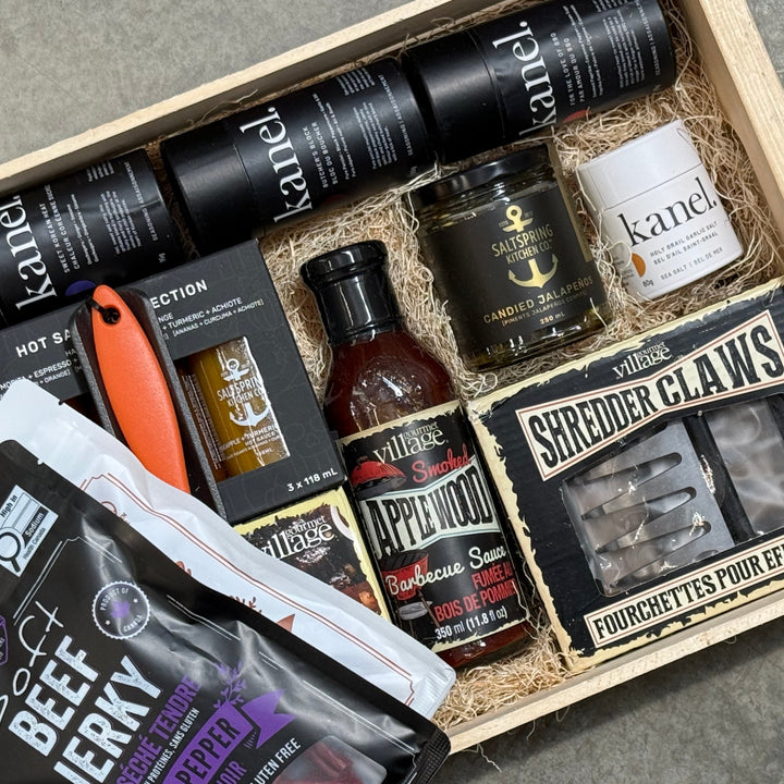 Gift Set with Kanel Spices, Salt Spring Kitchen Jams &amp; Hot Sauces and BBQ tools packed in a wood crate