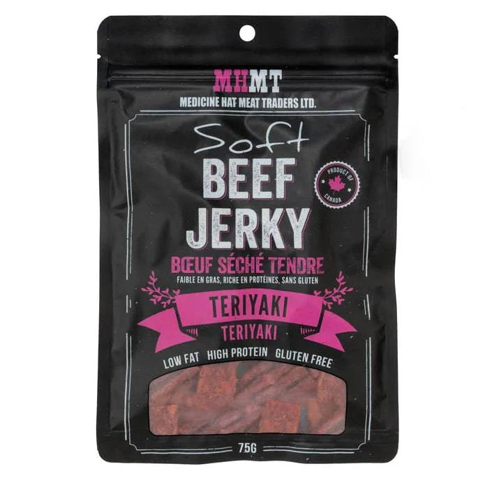 Sliced teriyaki beef jerky snack by Medicine Hat Meat Traders, showing glazed, flavorful beef strips in a close-up shot.