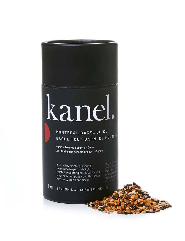 Kanel Spices Montreal bagel spice tube from Bonjour, Hi Canada Spice Collection, featuring a colorful spice blend for bagel seasoning.