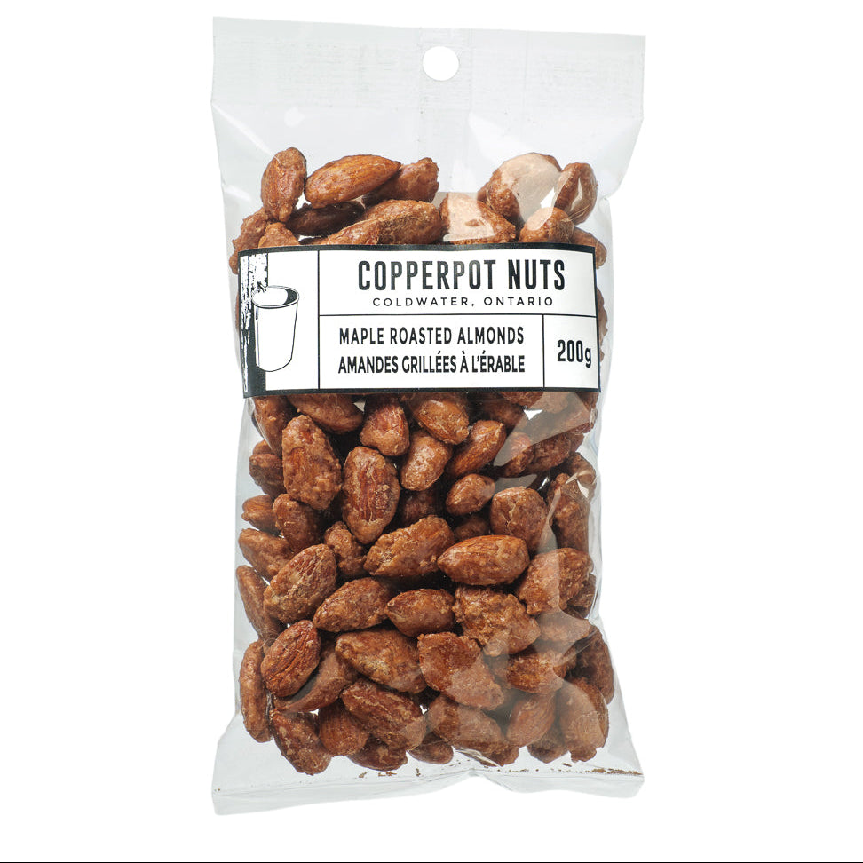 Bag of Copperpot Nuts maple roasted almonds on a white background