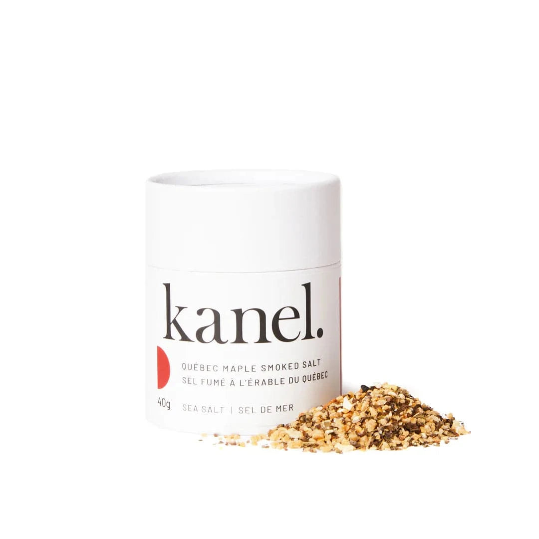 Kanel Spices Quebec Maple Smoked Salt tube from the Bonjour Hi Canada Spice Collection, gourmet smoked salt for cooking and seasoning.