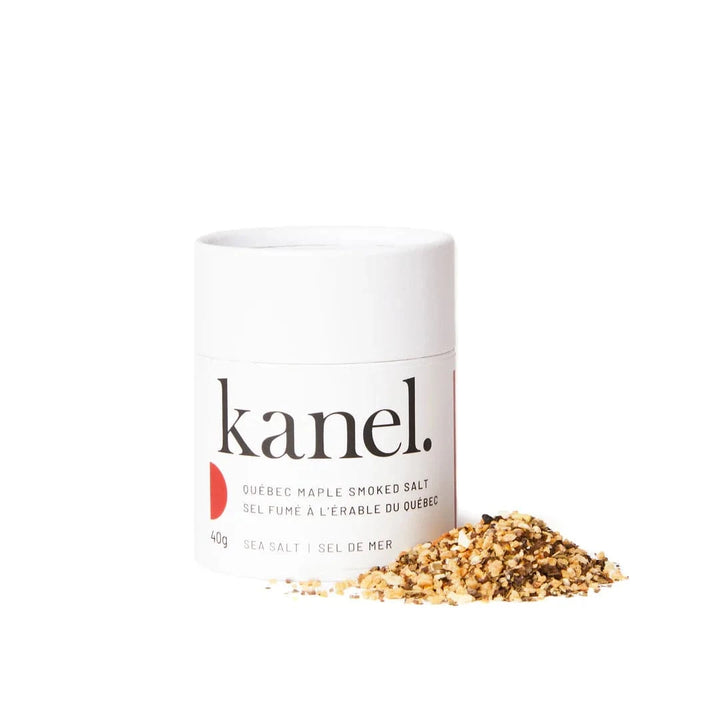 Kanel Spices Quebec Maple Smoked Salt tube from the Bonjour Hi Canada Spice Collection, gourmet smoked salt for cooking and seasoning.