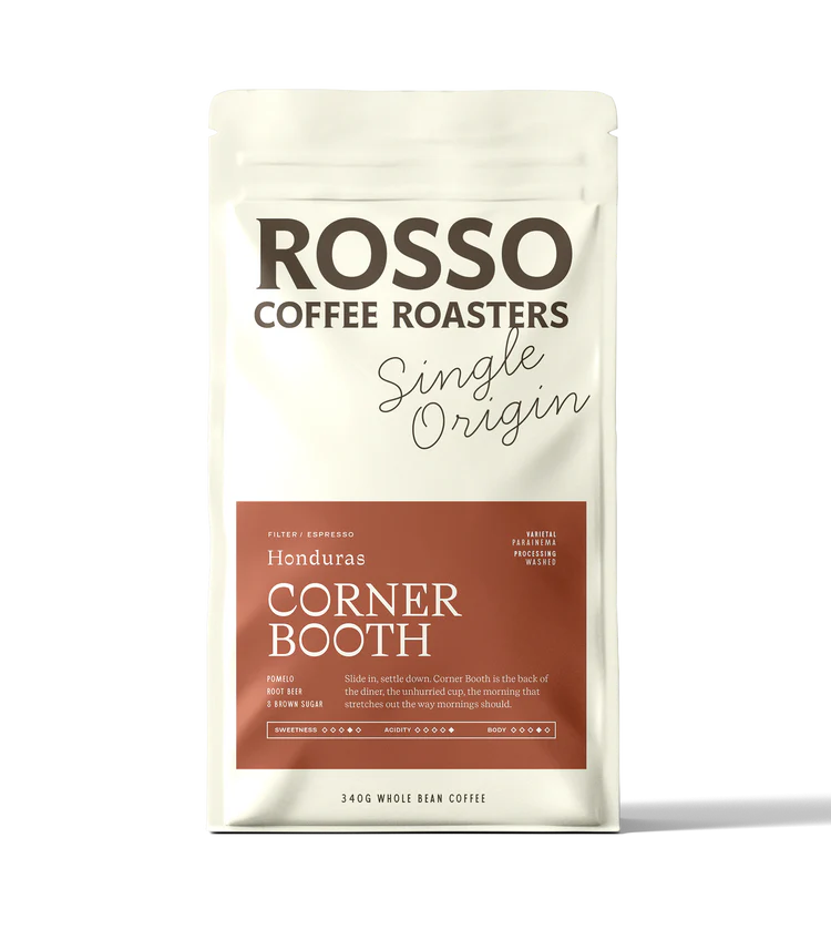 Rosso Coffee Roasters Honduras Corner Booth coffee bag on a white background