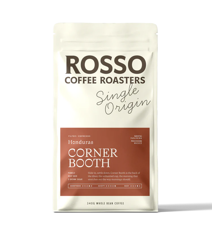 Rosso Coffee Roasters Honduras Corner Booth coffee bag on a white background