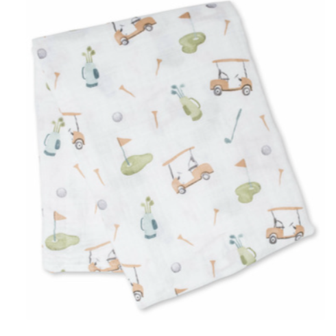 Flannel fabric with golf-themed pattern on a white background