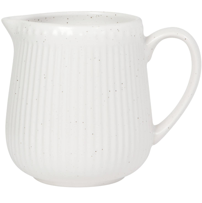 White ceramic pitcher with speckled texture on a white background