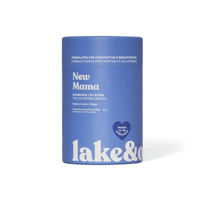 Lake &amp; Oak New Mama Tea from Lake &amp; Oak Tea Co., featuring a box of herbal tea bags with natural ingredients.
