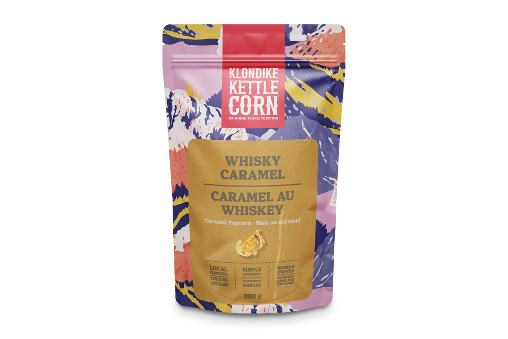 Klondike Kettle Corn Whisky Caramel Caramel Au Whiskey bag with colorful design on a white background