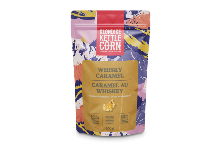 Klondike Kettle Corn Whisky Caramel Caramel Au Whiskey bag with colorful design on a white background