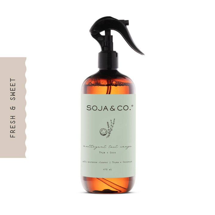 SOJA&amp;CO.® All Purpose Cleaner with thyme and coconut in a 475ml bottle, showing the cleaner&