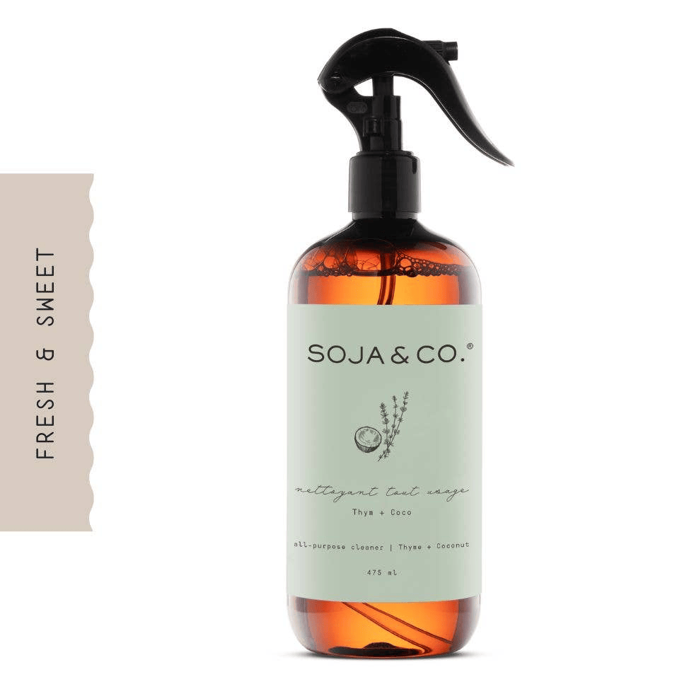 SOJA&amp;CO.® All Purpose Cleaner with thyme and coconut in 475ml bottle, showing the cleaner on a clean surface.