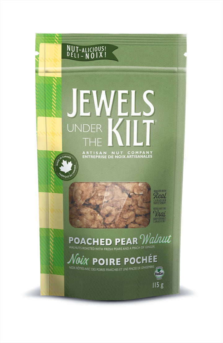 A 115g bag of Jewels Under the Kilt Poached Pear Walnut nuts, featuring a green and yellow plaid design with a clear window showing the nuts inside.
