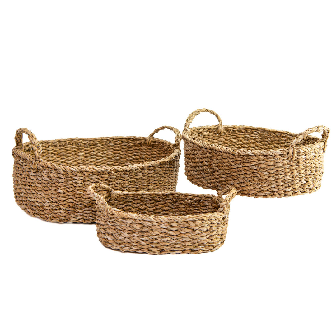 Lot de 3 paniers ovales en jonc de mer avec poignée tressée (Naturel) : Naturel