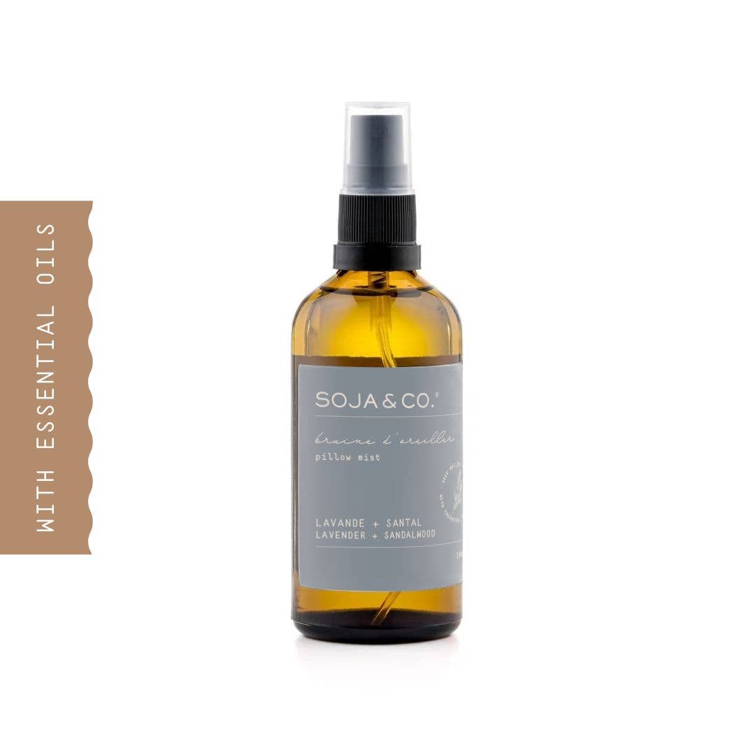 SOJA&CO.® Pillow mist with lavender and sandalwood, 100ml, featuring a spray bottle for face, hair, or perfume use.