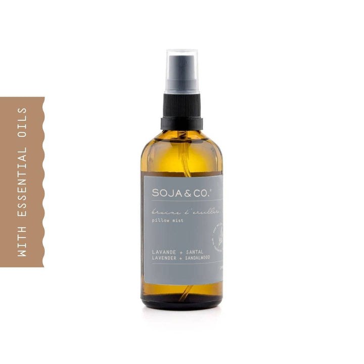 SOJA&amp;CO.® Pillow mist with lavender and sandalwood, 100ml, featuring a spray bottle for face, hair, or perfume use.