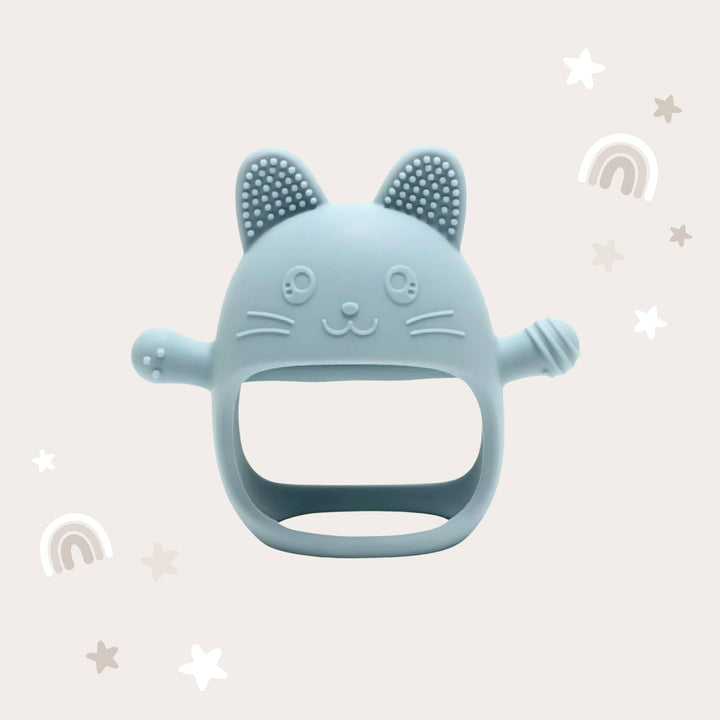Blue cat-shaped teething toy on a light gray background