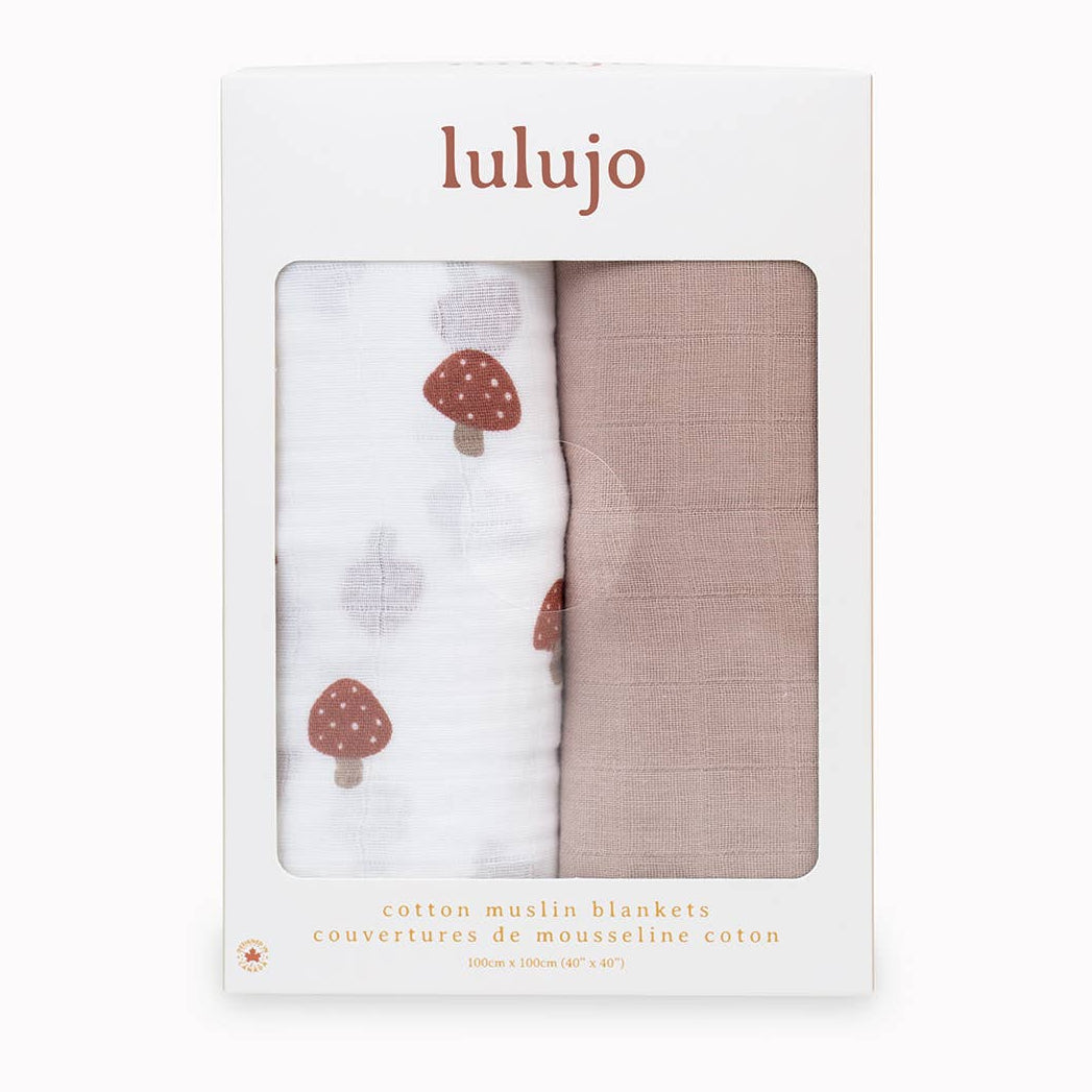 Lulujo cotton muslin blankets in packaging with strawberry pattern