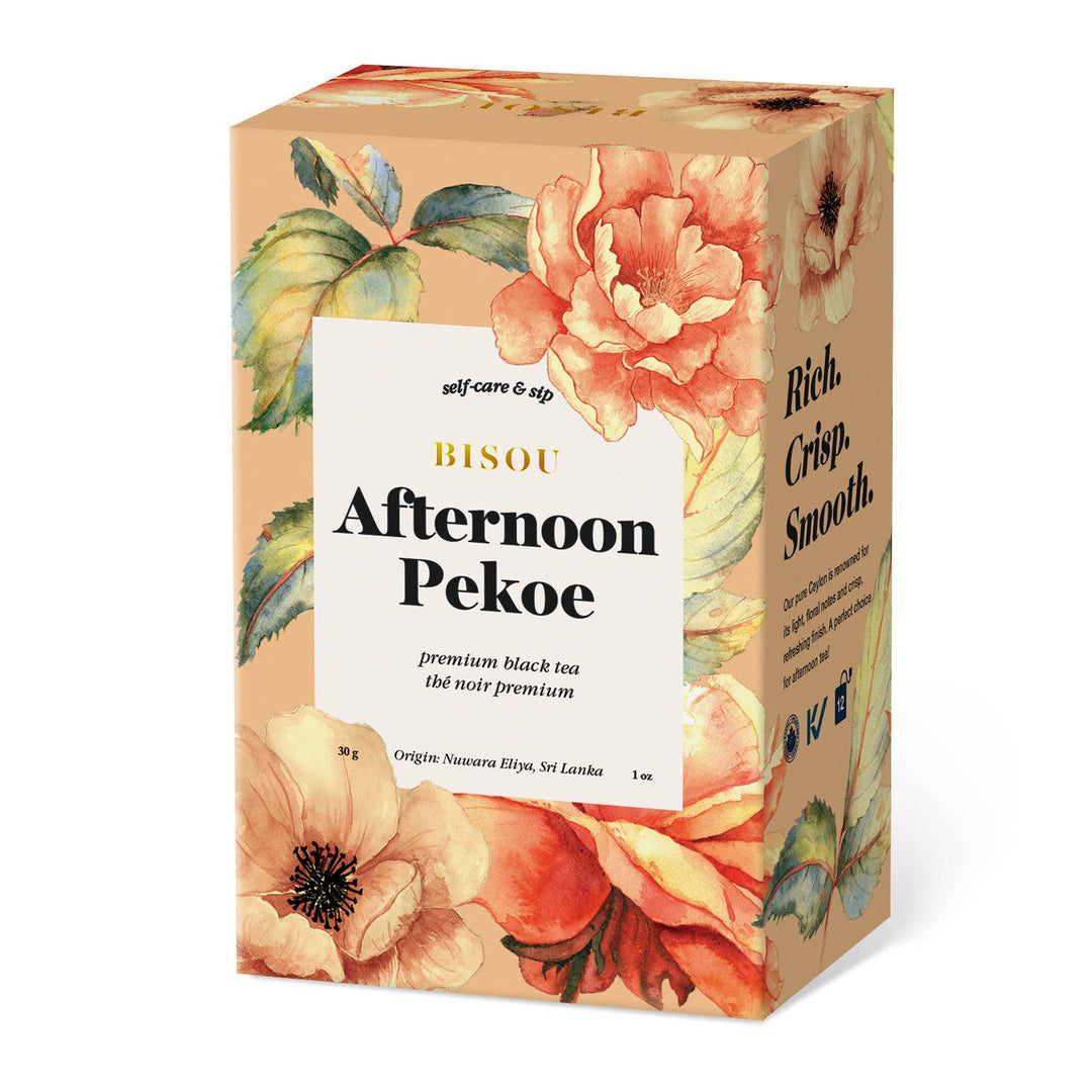 Bisou Afternoon Pekoe tea box with floral design on a white background