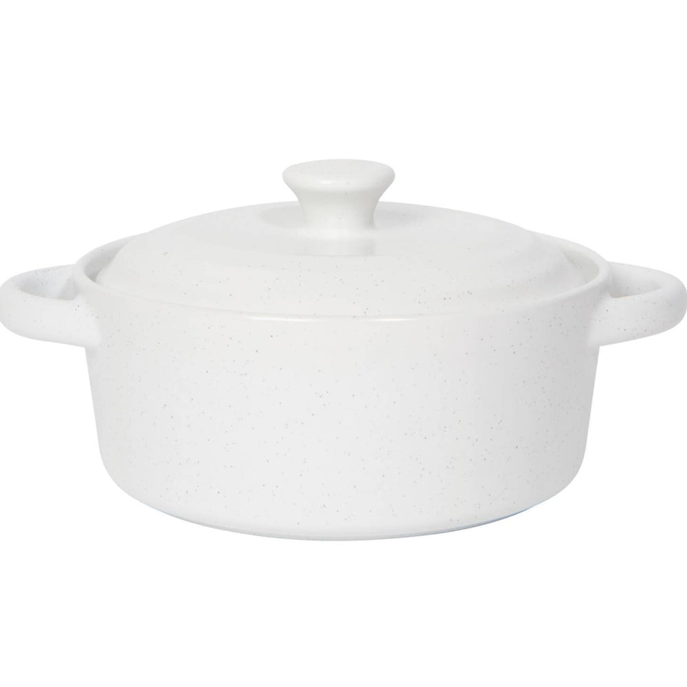 White ceramic casserole dish with lid on a white background