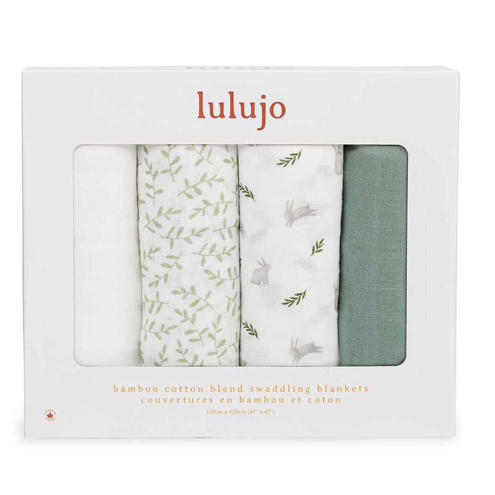 Lulujo baby swaddling blankets set in packaging with green and white patterns.