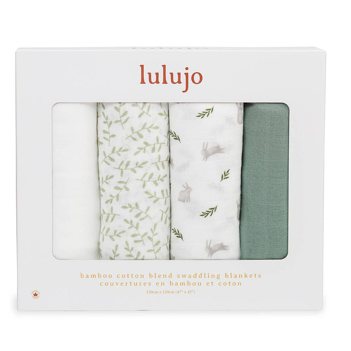 Lulujo baby swaddling blankets set in packaging with green and white patterns.