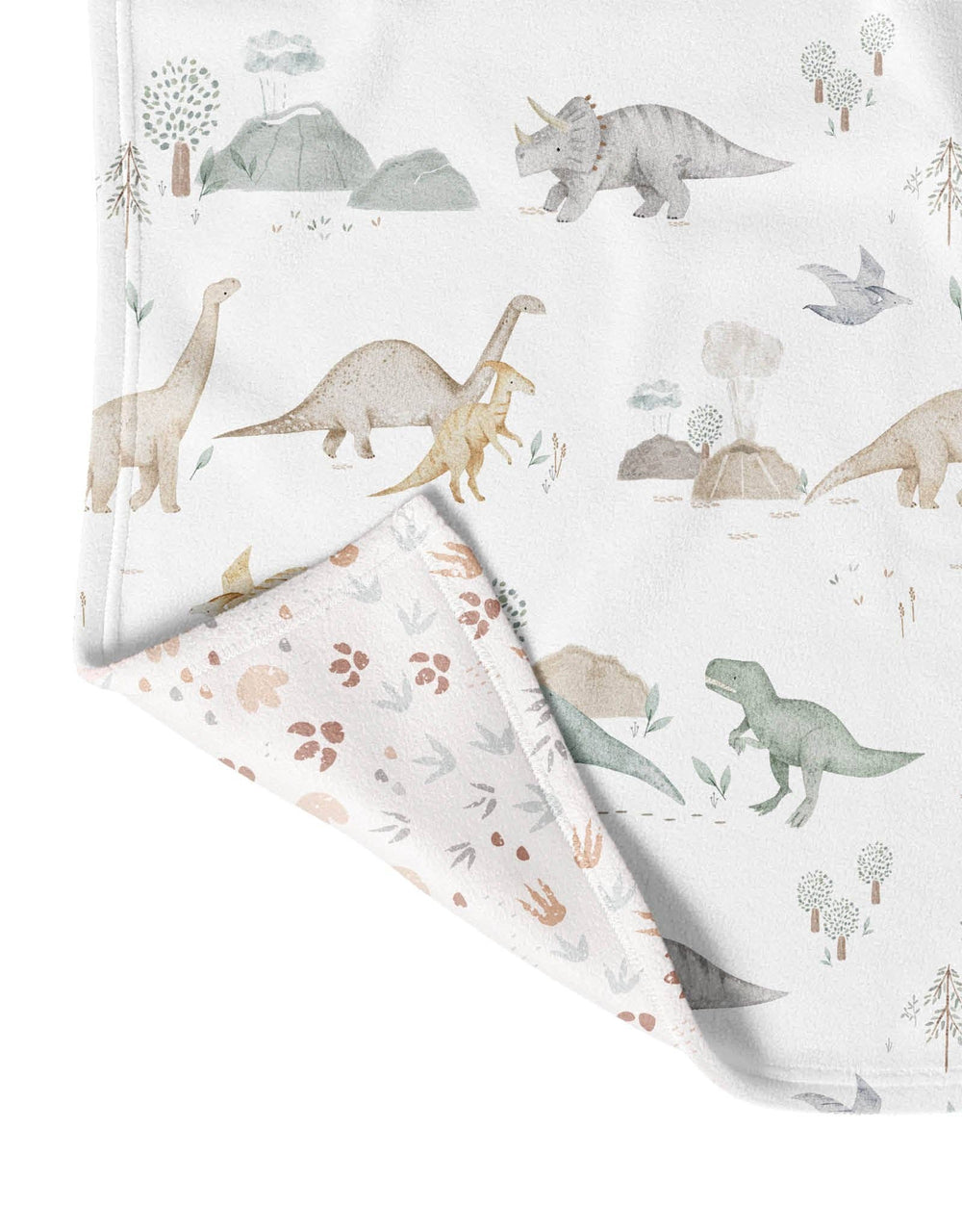 Dinosaur-themed fabric with various dinosaur illustrations on a white background