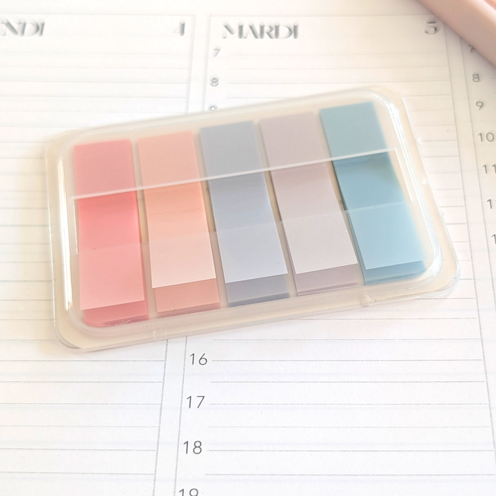 Set of colorful sticky notes in a clear plastic case on a planner page.
