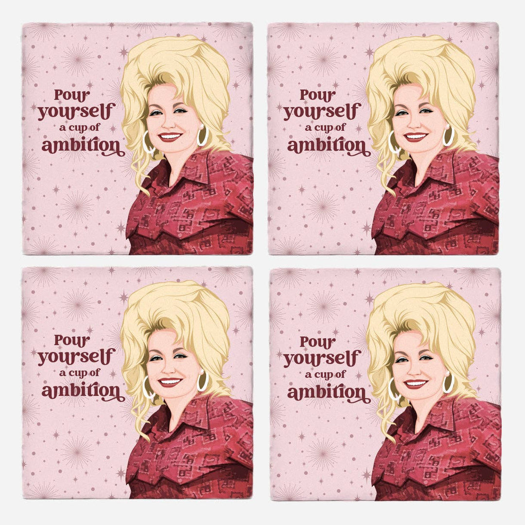 Four coasters with a portrait of a woman and the text &