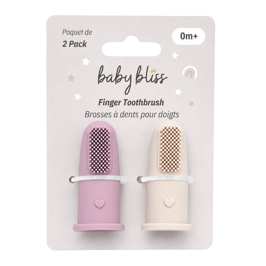 A 2-pack of Baby Bliss finger toothbrushes in pastel pink and cream, mounted on a white cardboard hanger card with product text and age marking &