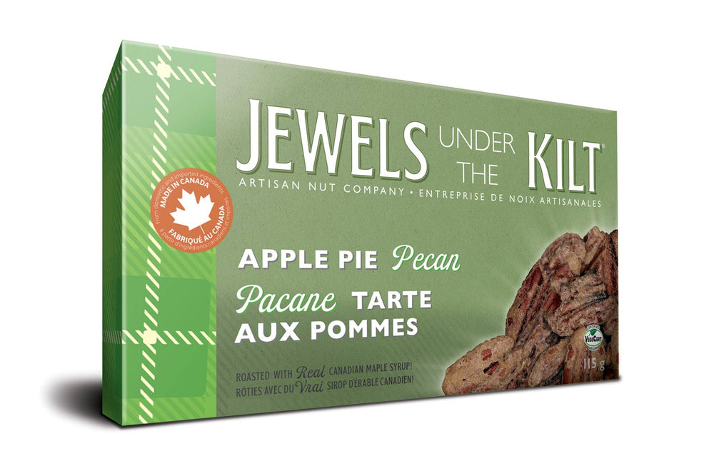 Jewels Under The Kilt Apple Pie Pecan package, featuring a green and white plaid design with a photo of roasted pecan on the front, shown on a white background with a soft shadow.