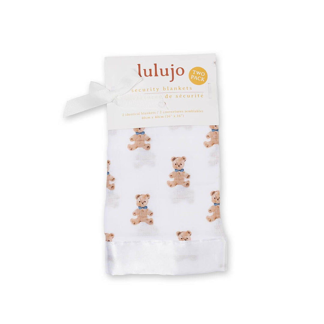 Baby blanket with teddy bear pattern and 'lulujo' branding on a white background
