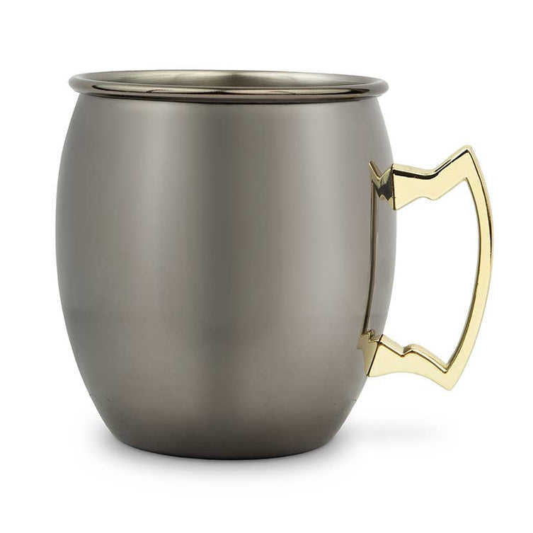 Metallic mug with a gold handle on a white background