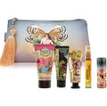 Set of cosmetic products with a decorative pouch featuring butterfly and angel design.