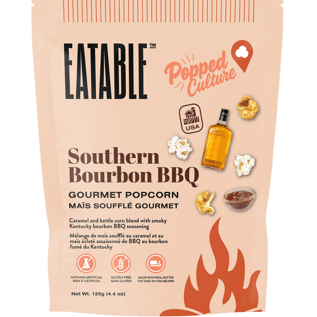 Eatable Southern Bourbon BBQ gourmet popcorn packaging on a white background
