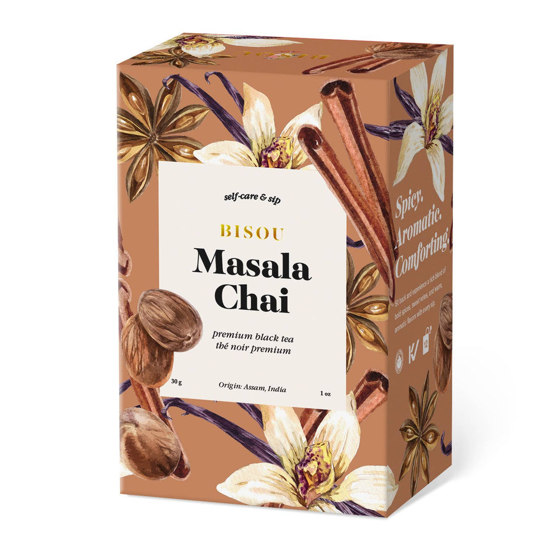 Bisou Masala Chai tea packaging with floral and spice illustrations on a white background