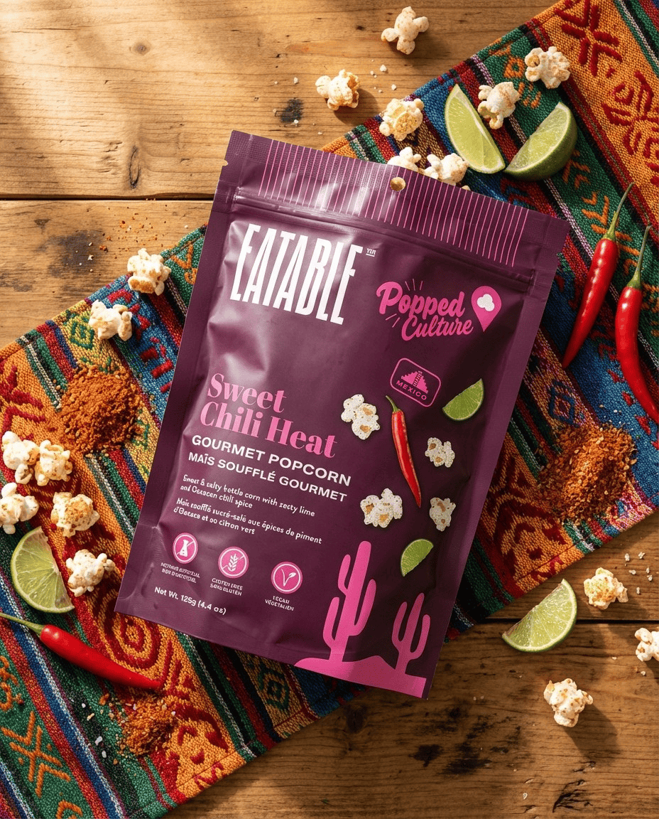 Vegan Sweet Chili Heat Popcorn by EATABLE Popcorn showing crispy popcorn coated in sweet chili seasoning