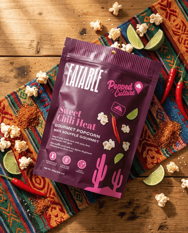 Vegan Sweet Chili Heat Popcorn by EATABLE Popcorn showing crispy popcorn coated in sweet chili seasoning