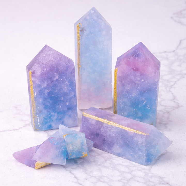 Set of colorful crystal towers on a textured white surface