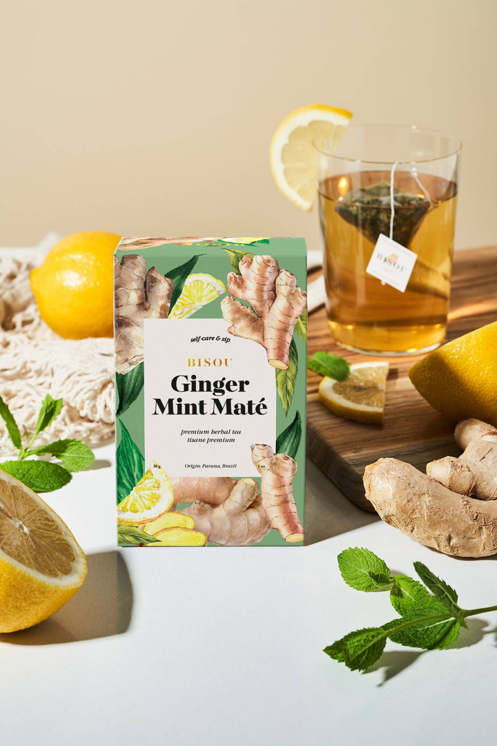 Ginger Mint Maté herbal tea blend sachets from Bisou Tea, featuring fresh ginger and mint in individual tea sachets.